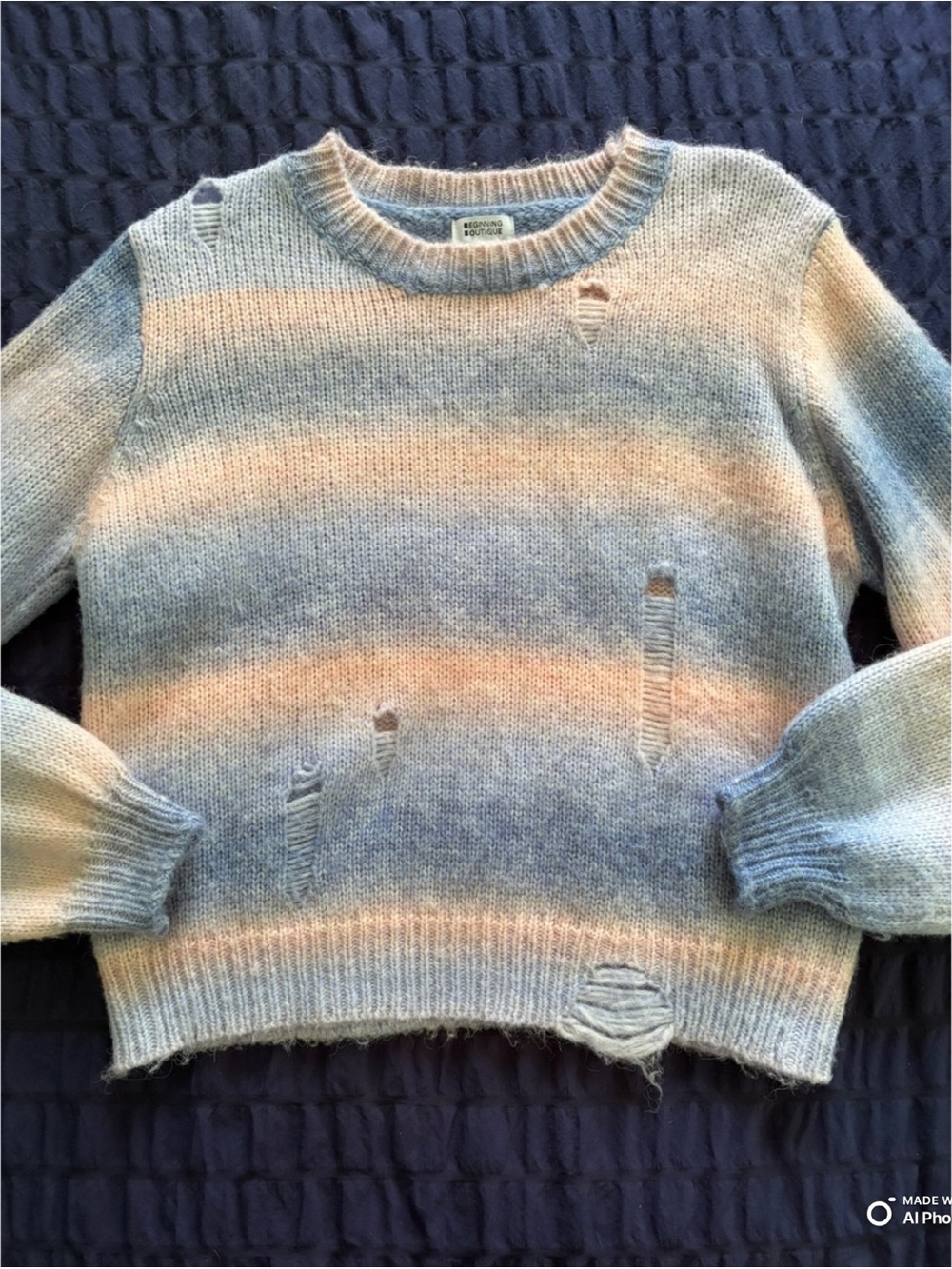 Beginning Boutique-  Striped Distressed Crewneck Sweater